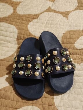 Tory Burch Navy Slide Sandals with Green Gems & Pearl Accents